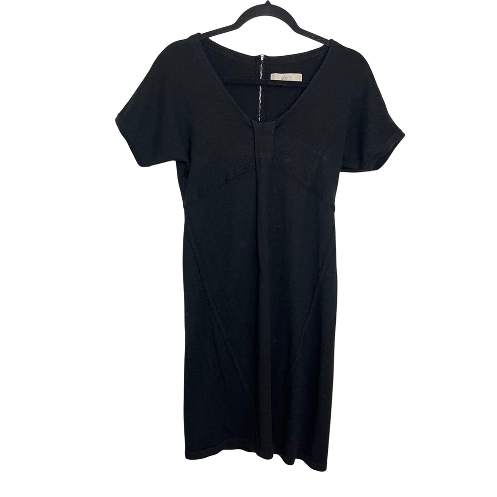 LOFT Merino Wool Black Knit Short Sleeve V Neck Zipper Back‎ Sheath Dress Size M